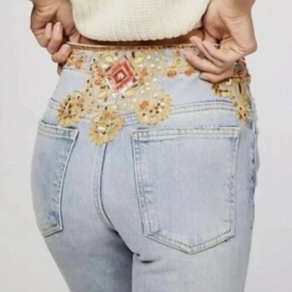 Free People Novelty Embellished Beaded Sequins Button Fly Straight Jeans - Picture 1 of 6